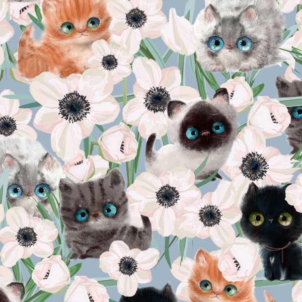 Kuviollinen trikoo 150 cm - Little Cat sininen