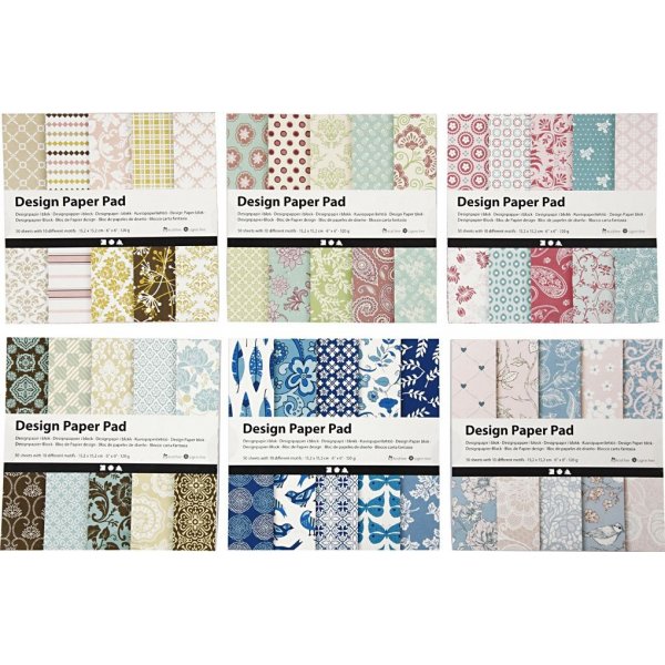 Designpaperi - sekavrej - 6 erilaista lohkoa - 6 x 50 arkkia
