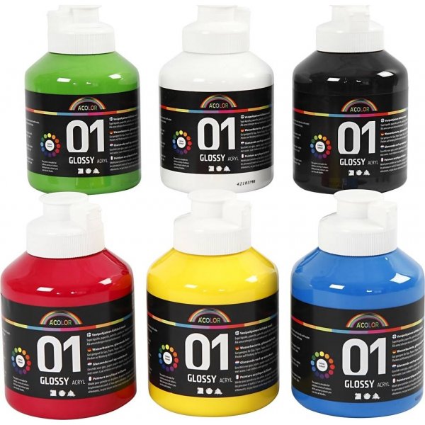 Koulumaali - Akryyli - perusvrit - kiiltv - 6 x 500 ml