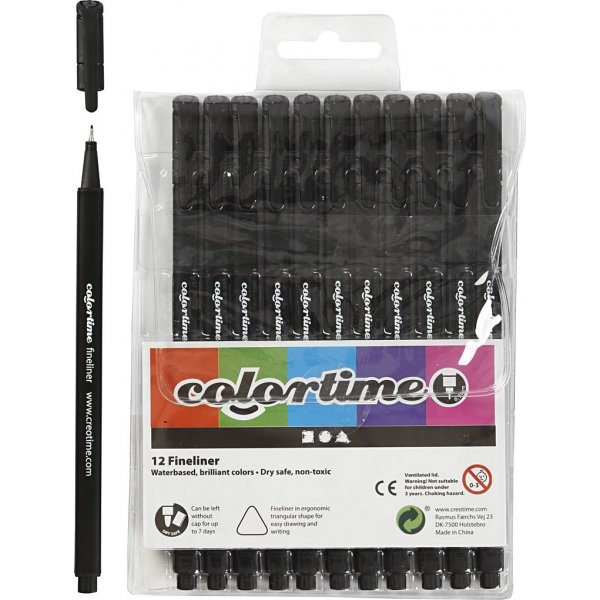 Colortime Fineliner Marker - musta - 12 kpl