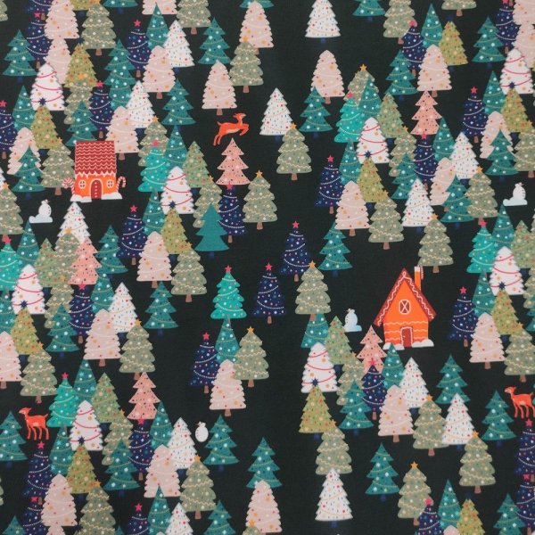 Kuviollinen jersey 145 cm - Piparkakkutalo - kuuset - vihre