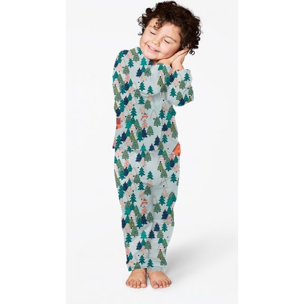 Kuviollinen jersey 145 cm - piparkakkutalot - kuuset - vaaleansininen