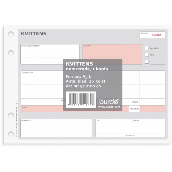 Kuitti - A5L, 1 numeroitu kopio
