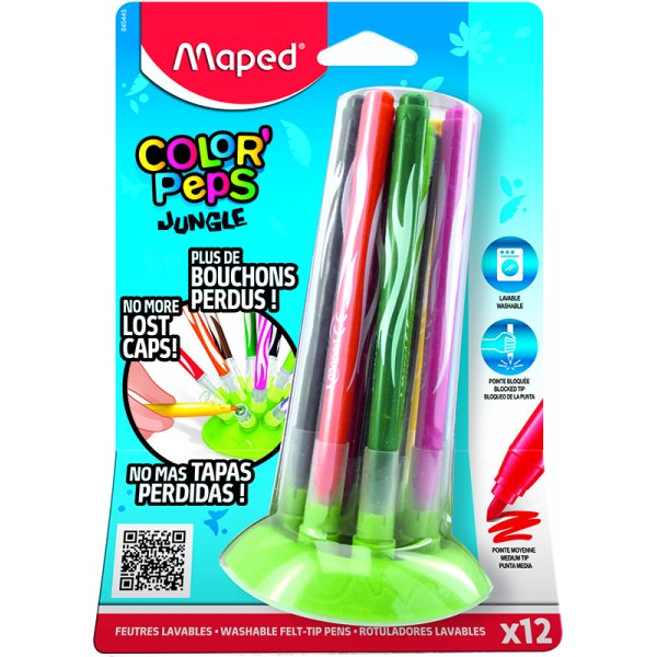 Kuitukynsetti - Maped - Color'Peps "Long life" 12 pestv viidakkoteemaista kyn innovatiivisilla korkilla