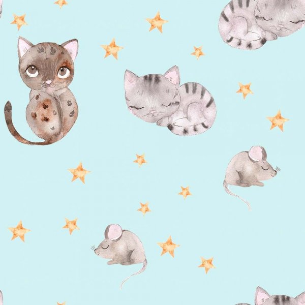 Kuviollinen Tricot 150 cm - Cat & Mouse minttu