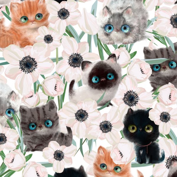 Kuviollinen trikoo 150 cm - Little Cat valkoinen