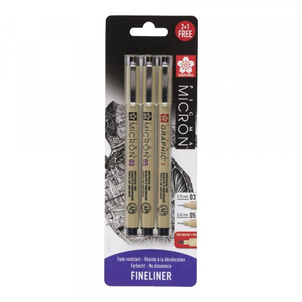 Fineliner Pigma Micron Set - 3 kyn (03, 05, 1)