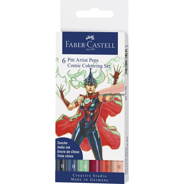 Piirustuskynsarja - Faber-Castell India muste Pitt Artist Pen Comic - 6 vrillist kyn