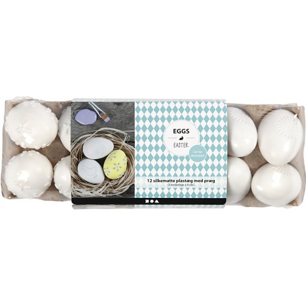 Muovinen muna - valkoinen - kohokuvio - 12 kpl