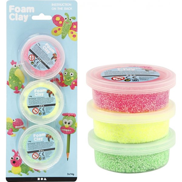 Foam Clay - vaaleanvihre - neon pinkki - neonkeltainen - 3 x 14 g