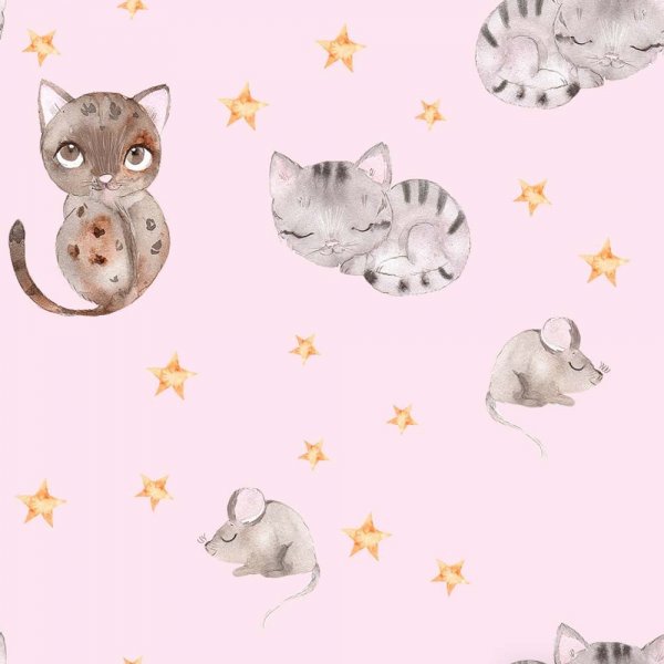 Kuviollinen Tricot 150 cm - Cat & Mouse pinkki