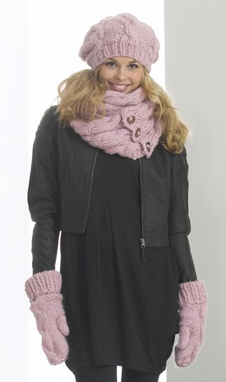 Neulekuvio - Neulottu baskeri, pipo, napillinen huivi, huivipoolo ja lapaset