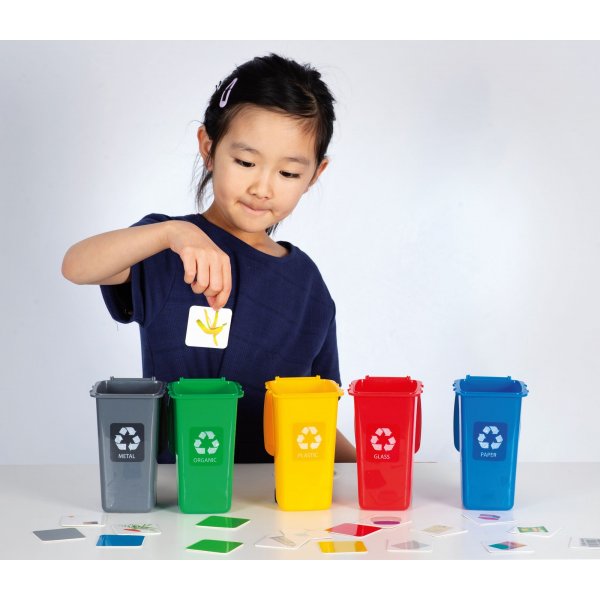 Kierrätyspeli, jossa on 5 roskakoria ja lajittelukortit Kierrätyspeli, jossa on 5 roskakoria ja lajittelukortit