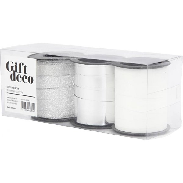 Lahjanauha - hopea - hopea glitter - valkoinen - 3 x 15 m