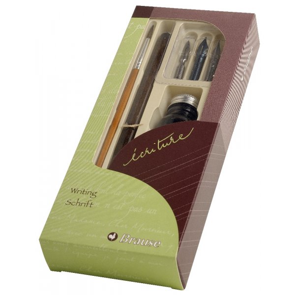 Kirjoitussetti, jossa kahva, sivellin, 3 neulaa ja 10 ml mustepullo