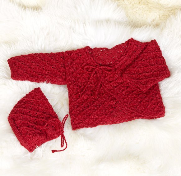 Neulekuvio - Neuletakki + hattu pitsikuvioisella ja virkattulla reunalla Neulekuvio - Neuletakki + hattu pitsikuvioisella ja virkattulla reunalla