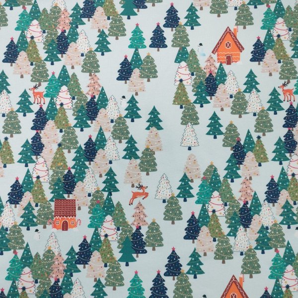 Kuviollinen jersey 145 cm - piparkakkutalot - kuuset - vaaleansininen