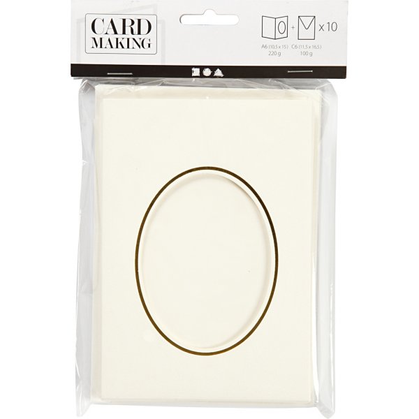 Passepartout-kortti kirjekuorella - luonnonvalkoinen - soikea kultareunalla - 10 sarjaa Passepartout-kortti kirjekuorella - luonnonvalkoinen - soikea kultareunalla - 10 sarjaa