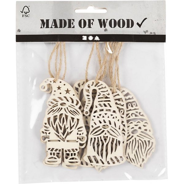 Puiset puukoristeet - Skandinavian joulupukki - 6 kpl