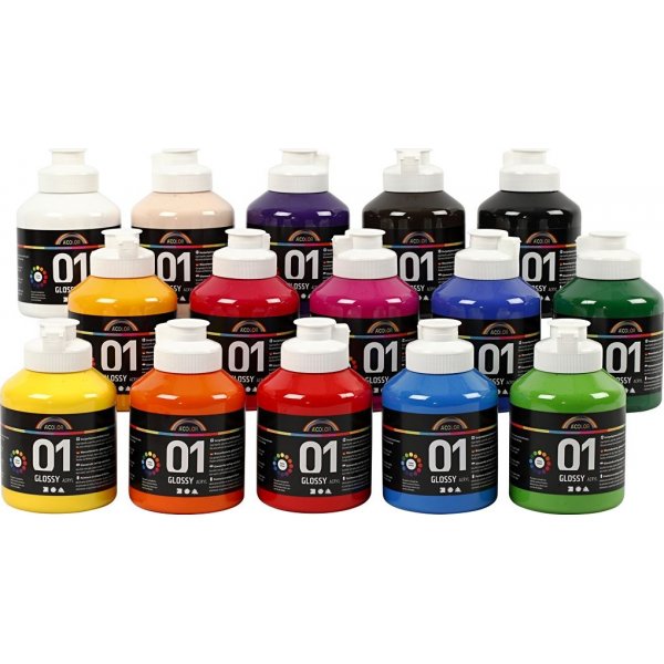 Koulumaali - Akryyli - sekavrit - kiiltv - 15 x 500 ml