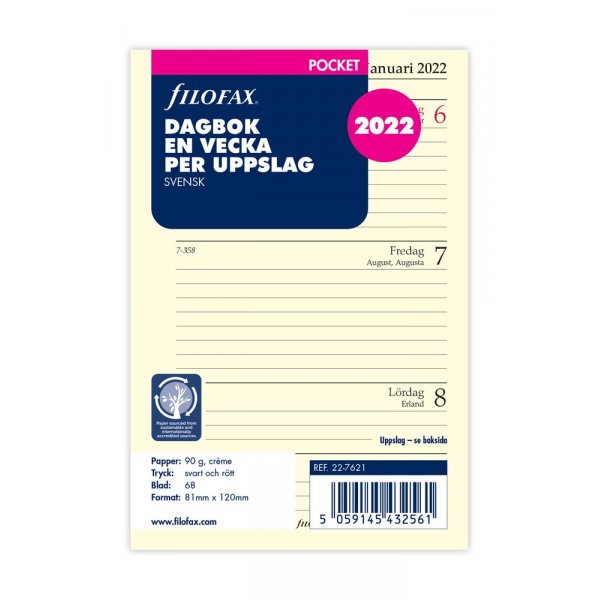 Refill Till Systemkalender Pocket 2022 - Viikoittainen ruotsi