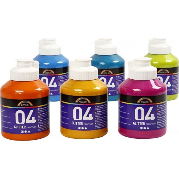 Koulumaali - Akryyli - Glitter - sekavrit - 6 x 500 ml