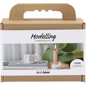 Mini DIY-setti muovailuvahasta kynttil�njalka ja rasia kuorella, luonnonvalkoinen, 2 kpl