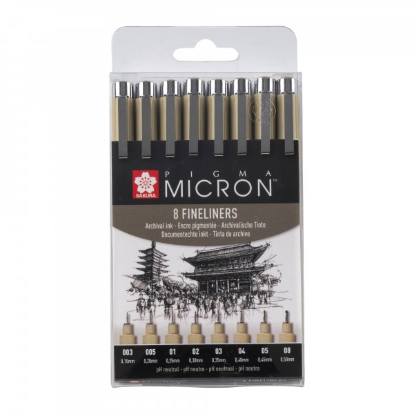 Fineliner Pigma Micron Set - 8 kyn (003, 005, 01, 02, 03, 04, 05, 08)