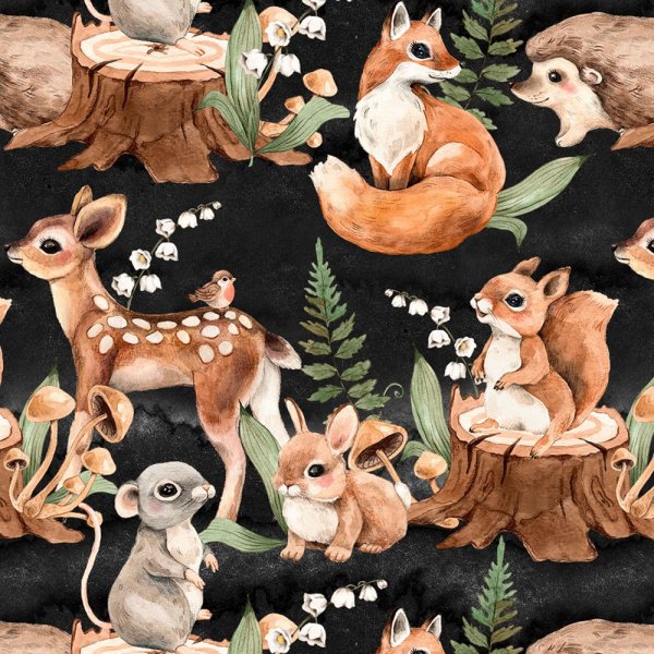 Kuviollinen trikoo 150 cm - Kielo, Bambi, Fox Black