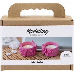 Mini DIY-setti muovailuvahasta tuikkupidike pinkit kukat 2 kpl