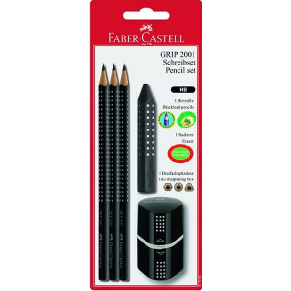 Lyijykynsarja Faber-Castell Grip 2001 - Lyijykyn, teroitin ja pyyhekumi