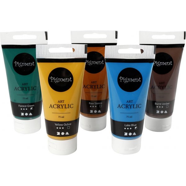 Pigment Art Acrylic - sekavrit - luonnolliset vrit - puolikiiltv - 5 x 75 ml