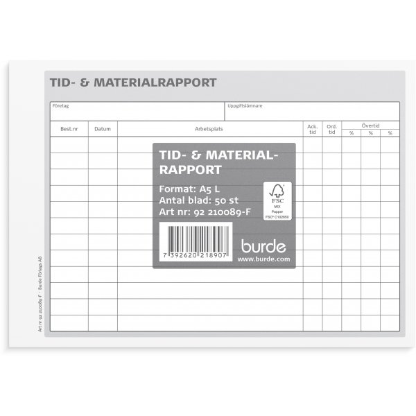 Aika- ja materiaaliraportti - A5L